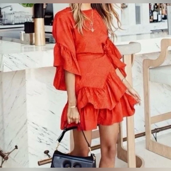 Maje Rahima Rouge Red Floral Jacquard Faux Wrap Mini Dress Size 1 (S) - Picture 2 of 7